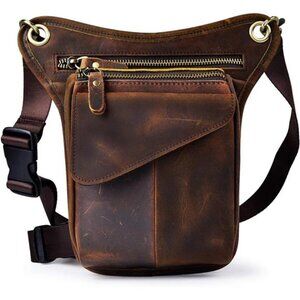 Mens Genuine Leather Messenger Hiking Waist Hip Bum Pack Drop Leg Bag